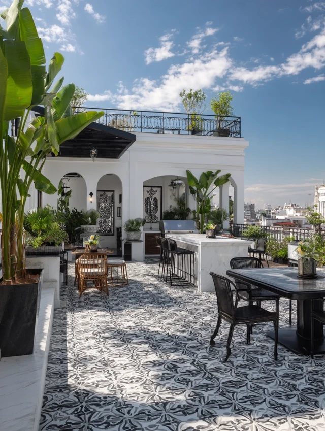 Retro French Colonial Terrace Black and White Luxury