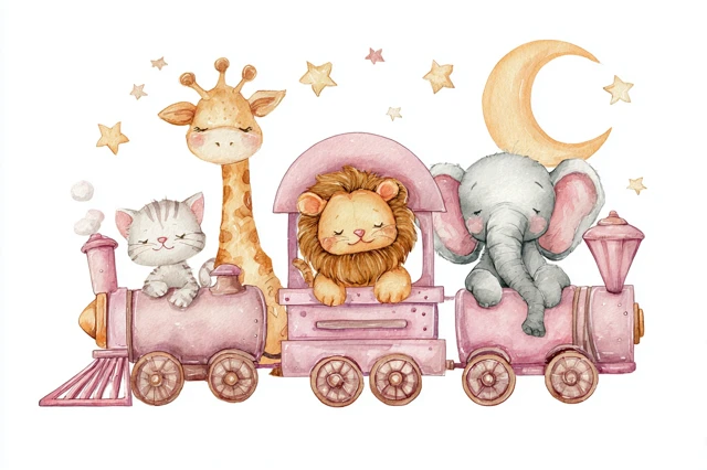 Watercolor Train Animals Giraffe Lion Elephant Kitten