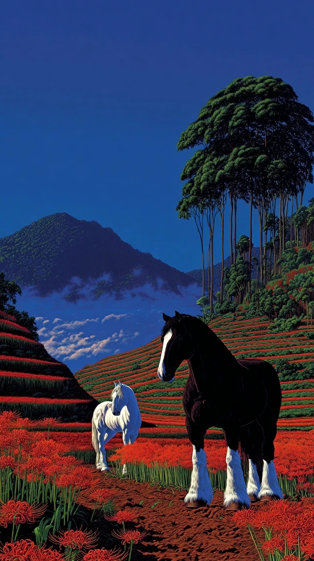 Clydesdale Horses in Mystical Landscape