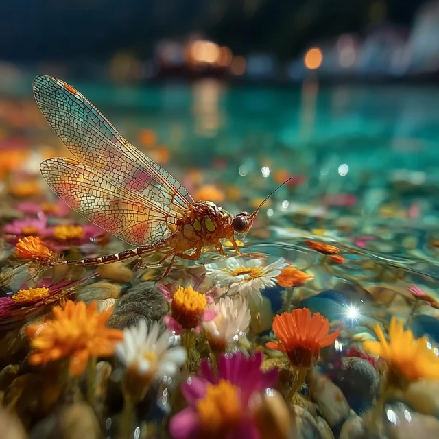 Mayfly over Spring Flowers Crystal Clear River