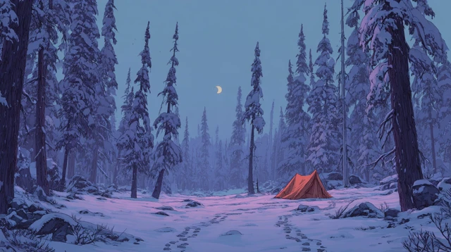 Snowy Forest Clearing Under Crescent Moon