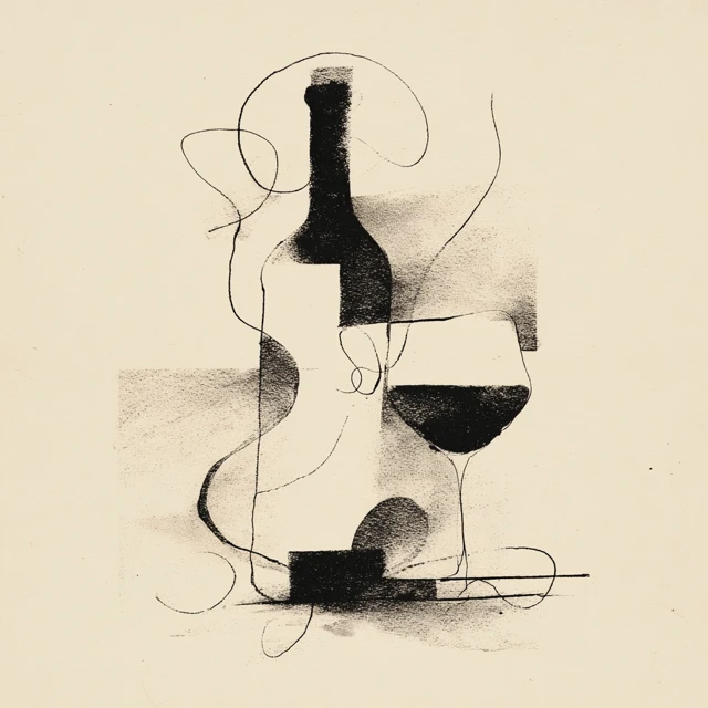 Minimalist Wine Bottle and Glass Ink Drawing