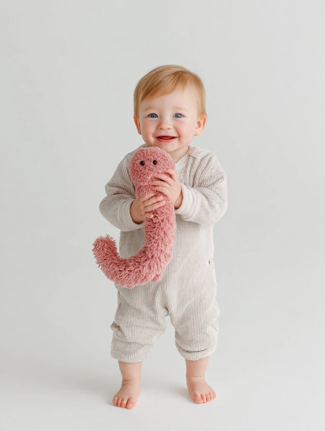 Happy Baby Boy with Funny Plush Toy Studio Photography