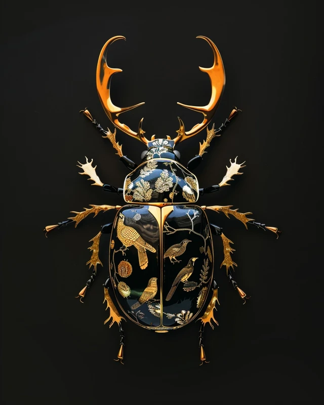 Gold Beetle Stag Beetle with Bird Motif by William Morris