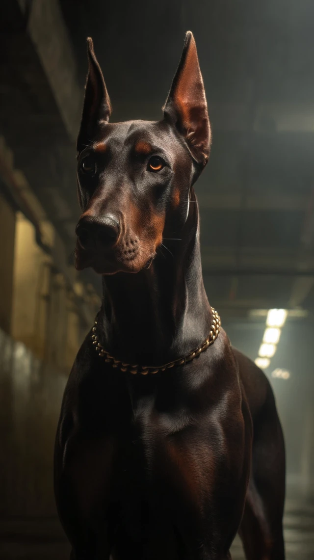 Doberman Portrait Alert in Garage Cinematic Shadows