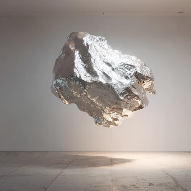 Floating Metallic Blob in Gallery Space Hyper Realistic Photo