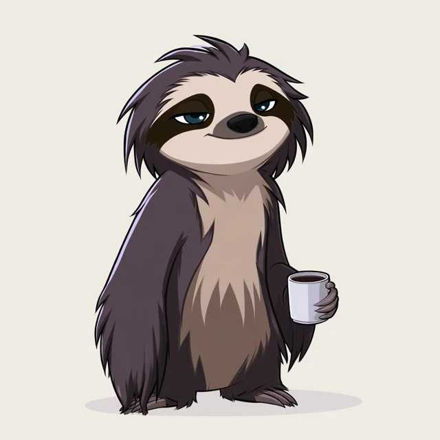 Tired Cartoon Sloth with Coffee Illustration