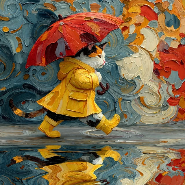Calico Cat in Raincoat Painting Impasto Art