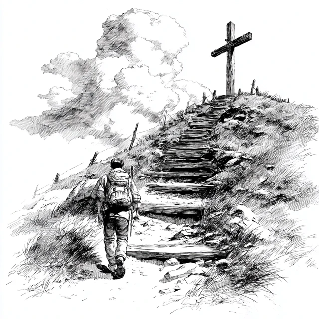 Man Hiking to Cross Dramatic Black and White Illustration