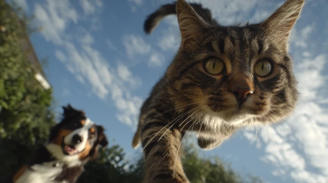 Cat Jumps Over Dog Backyard Photography