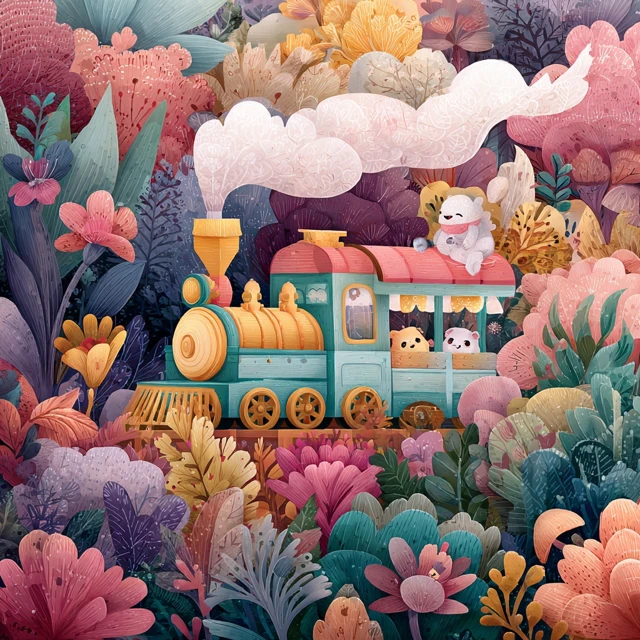 Cute Cartoon Train in Whimsical Forest Illustration