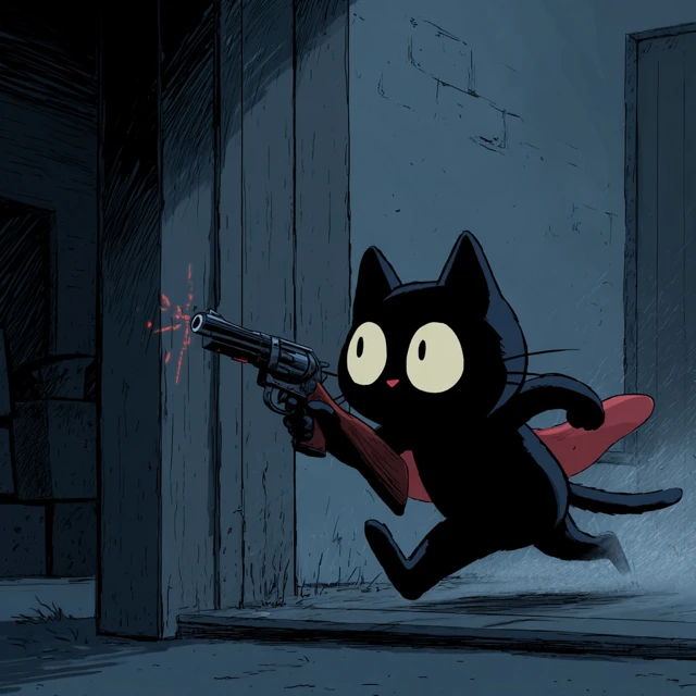 Black Cat with a Gun Animated Illustration