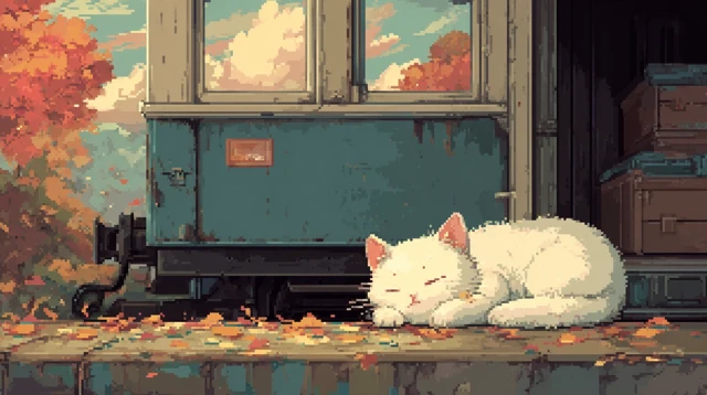 Sleeping Cat Pixel Art Train Autumn Colors