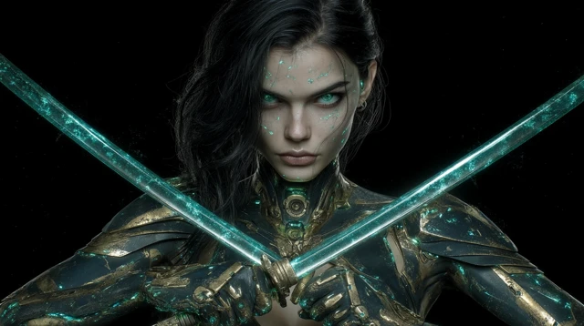 Sci-fi Indian Warrior with Glowing Swords