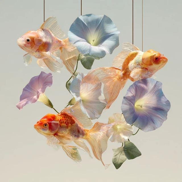 Abstract Organic Sculpture Goldfish and Flowers