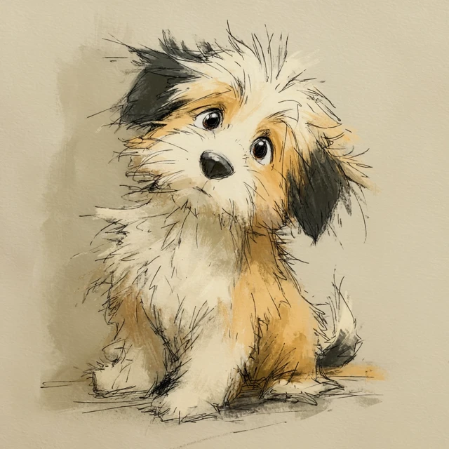 Cute Cartoon Puppy with Big Eyes and Fluffy Fur