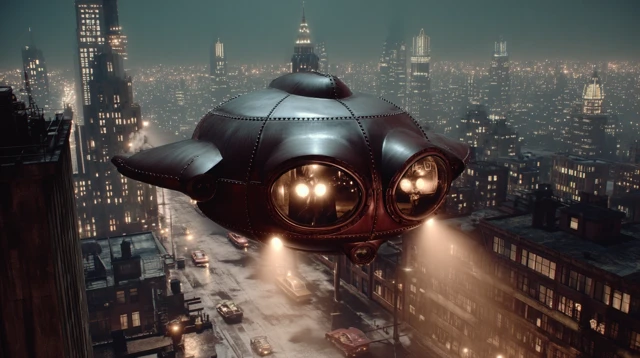 Owlship Archie Flying Over 1950s Noir City