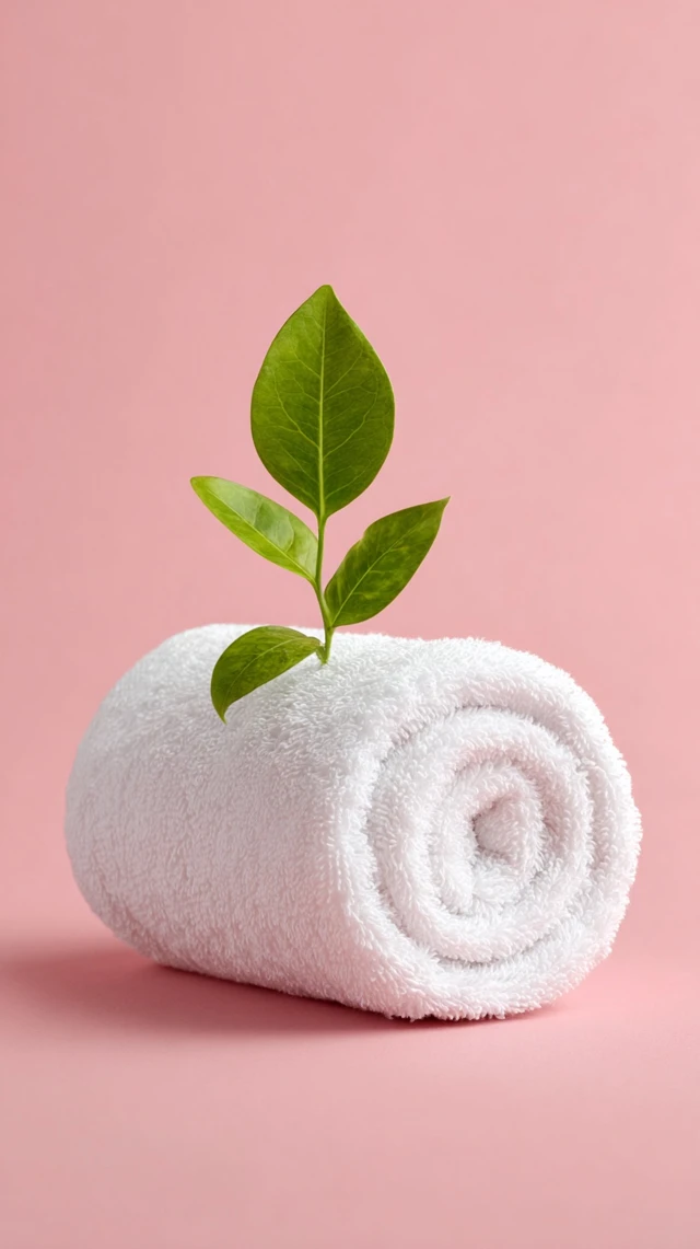White Cotton Towel with Green Plant on Pink Background