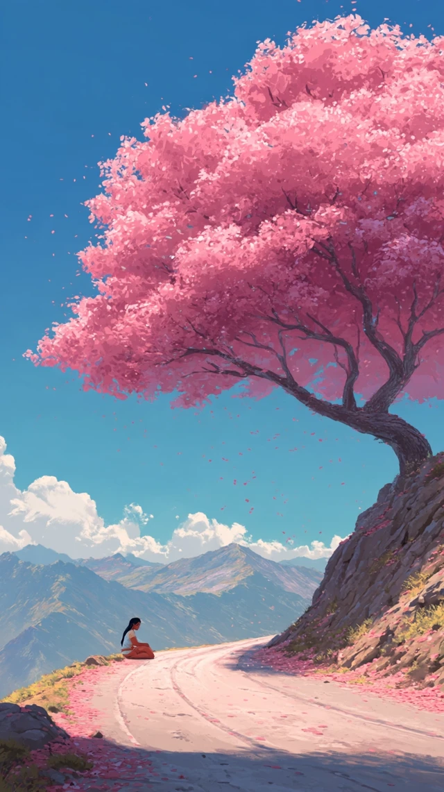 Anime Mountain Road: Cherry Blossoms, Woman, and Sunshine