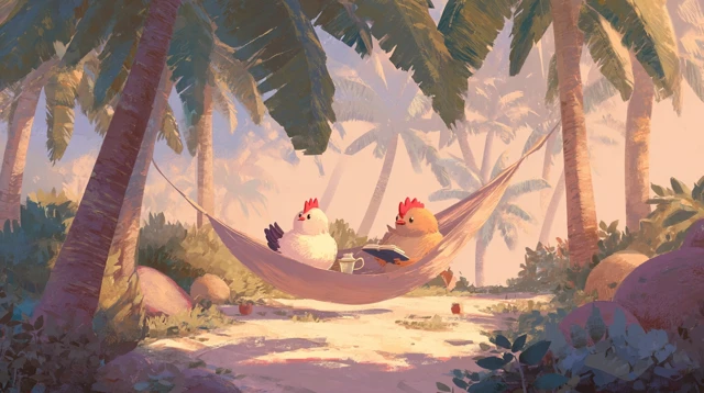 Lazy Chickens Chilling in Hammocks Palm Trees