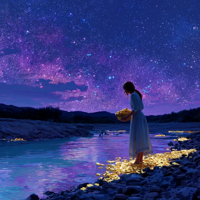 Woman by River Under Cosmic Sky Gold Bars