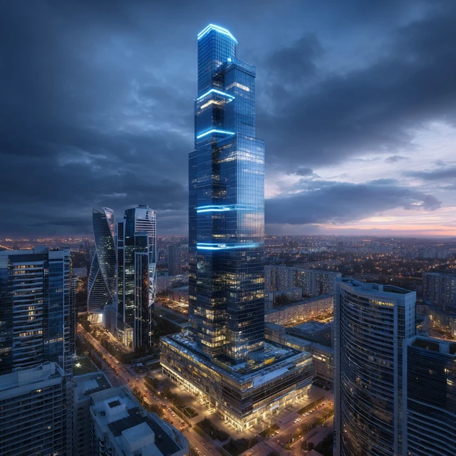 Futuristic Skyscraper at Dusk Architectural Photography