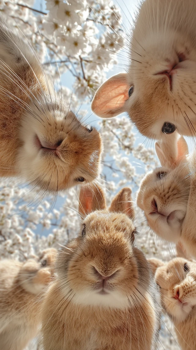 Adorable Rabbits Under Cherry Blossoms