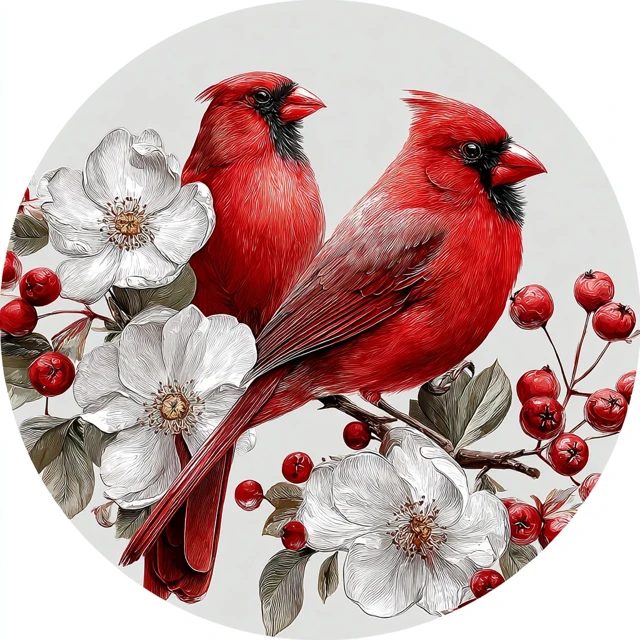 Red Cardinals Flowers Berries Clip Art Style