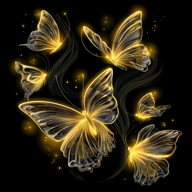 Glowing Yellow Butterflies on Black Background