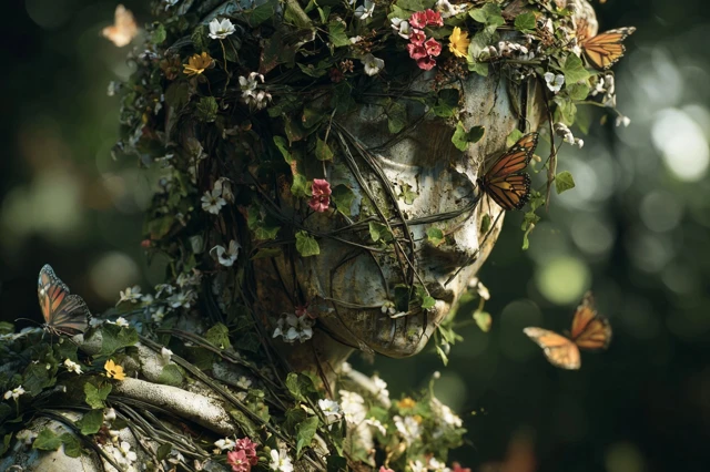 Mysterious Statue Butterfly Summer Illustration