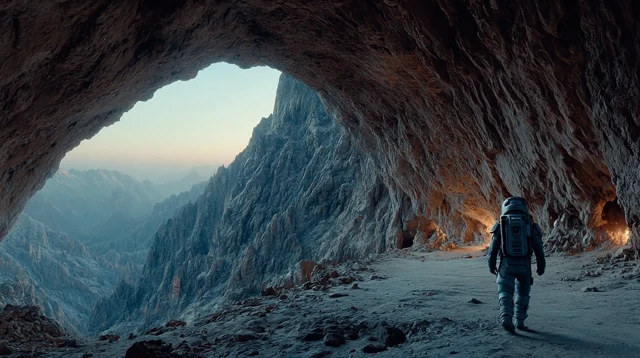Futuristic Explorer in a Coastal Cave Landscape