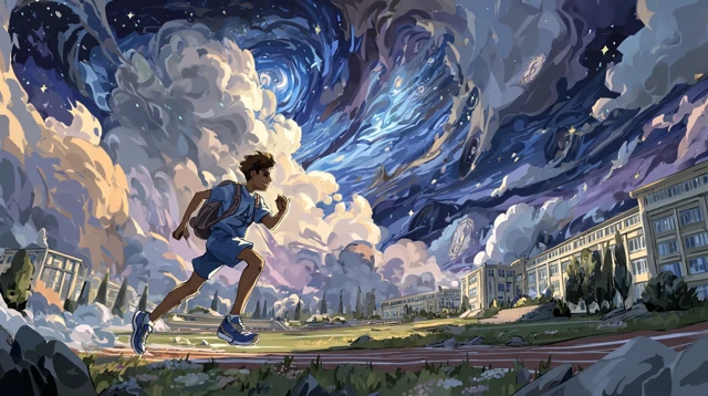 Chinese School Kids Running in Fantasy Artwork