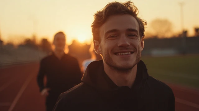 Man Running Track Smiling at Camera Cinematic Still
