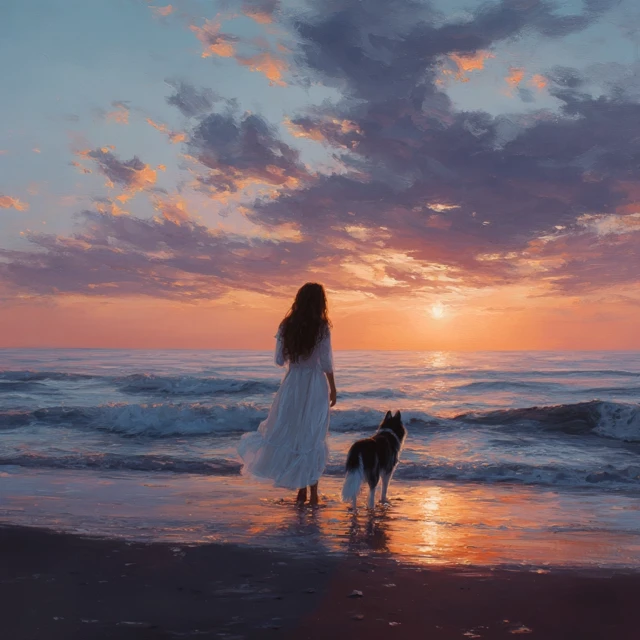 Girl Dog Sunset Beach Beautiful Scene