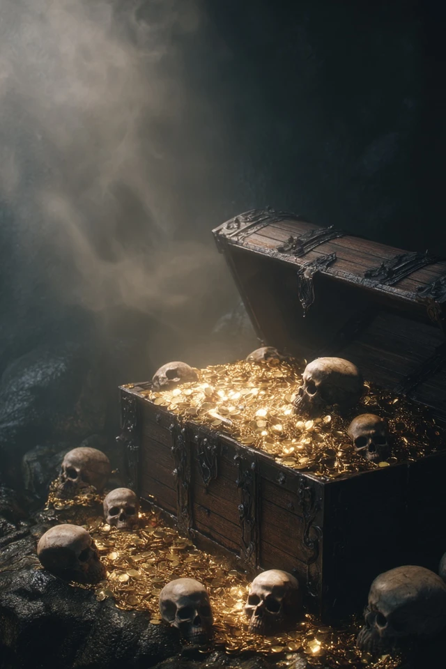 Treasure Chest in a Cave of Gold and Skulls