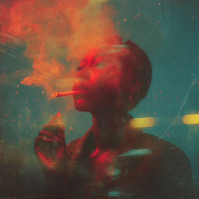 Double Exposure Portrait of African Woman Smoking