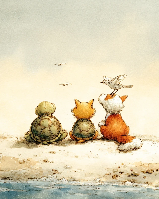 Turtle Cat Fox and Bird Beach Scene