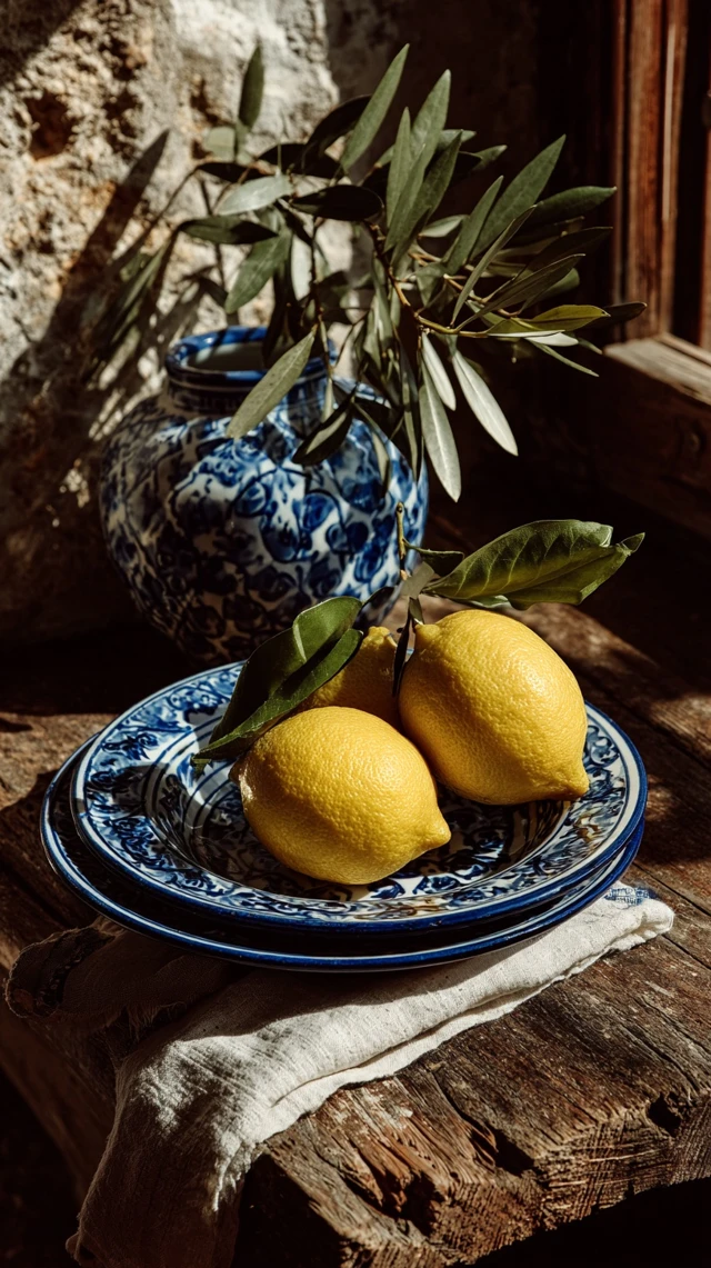 Mediterranean Still Life Lemons Blue Plates