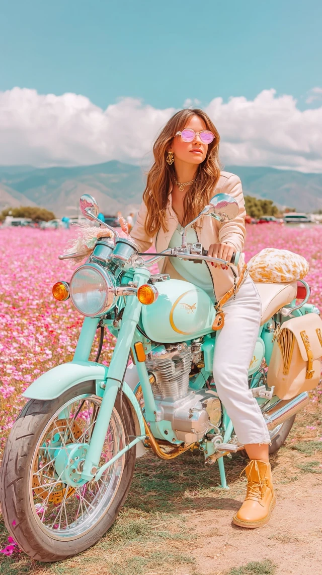 Woman on Moto in Poppy Field: Romantic, Carefree