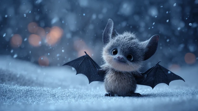 Cute Baby Bat Flying in Snow Pixar Style