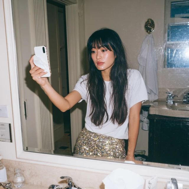 Asian Woman Taking Off Makeup in Tokyo Bathroom