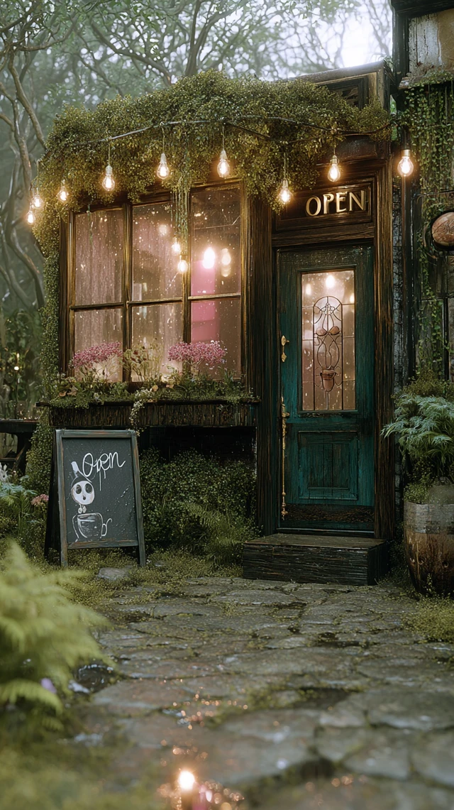 Cozy Cafe in a Misty Forest Magical and Peaceful Scene