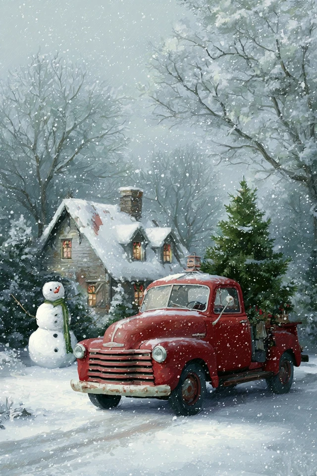 Vintage Red Truck Christmas Scene