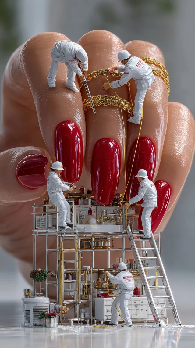 Miniature Workers Manicuring a Hand