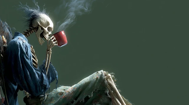 Skeleton Drinking Coffee Green Palette Illustration