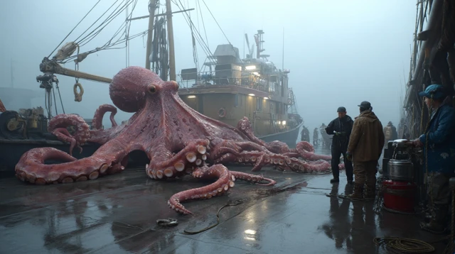 Giant Octopus on Fishing Boat Foggy Dockside Scene