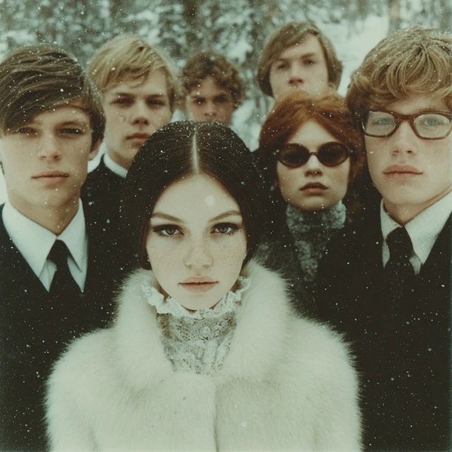 1970s Group Portrait in Snowy Woods