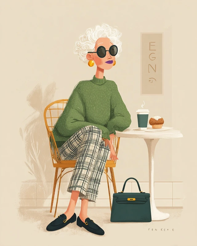 Stylish Senior Woman at French Cafe Illustration