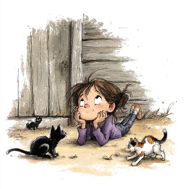 Girl and Cats Cartoon Illustration