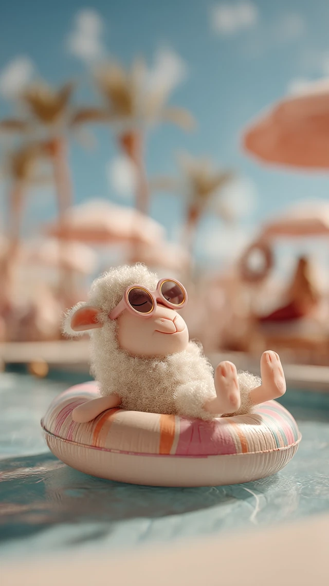 Cute Sheep Enjoying Summer Vacation at Beach Resort